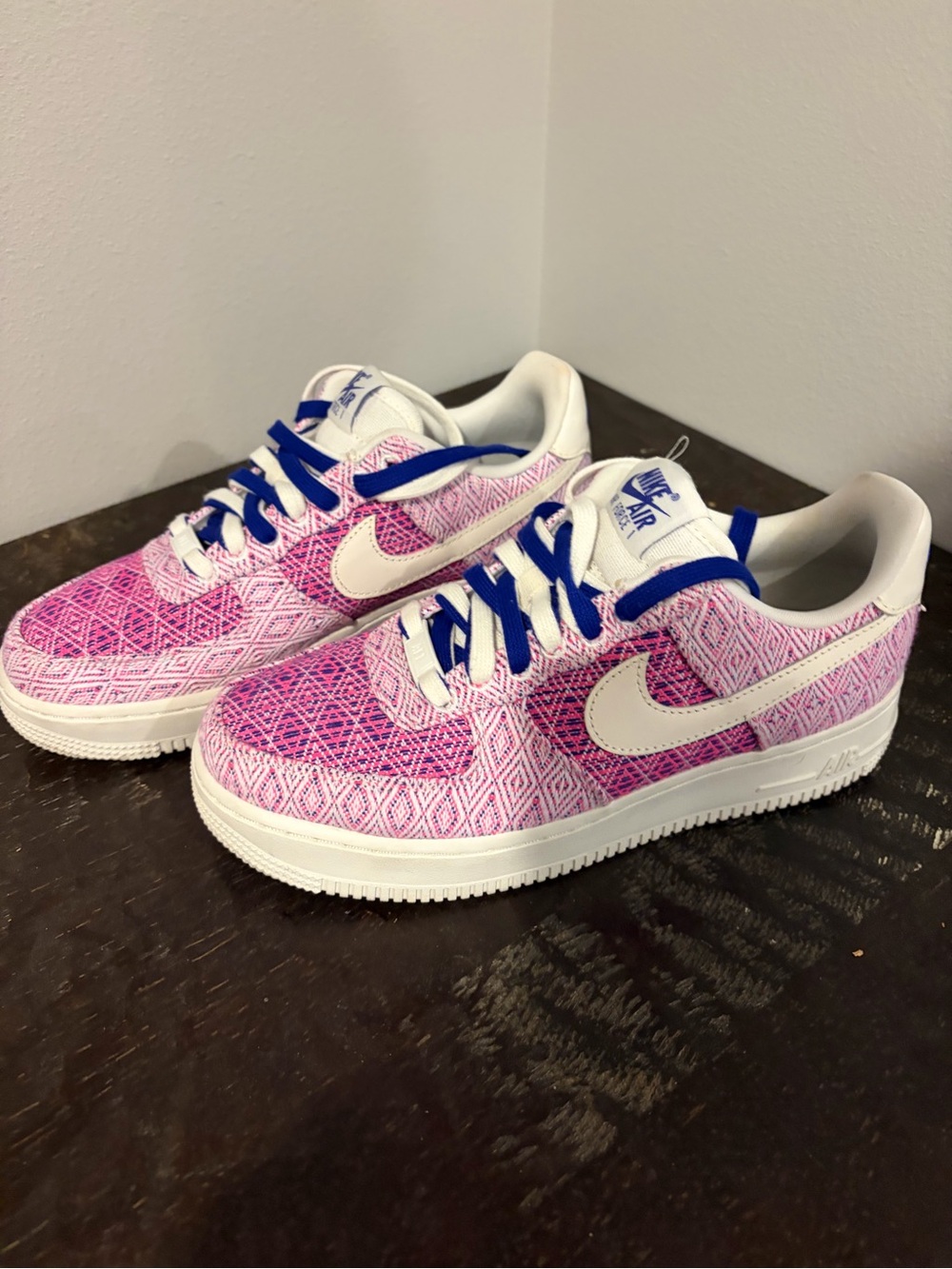 Nike Pink Patterned Sneakers with Blue Laces